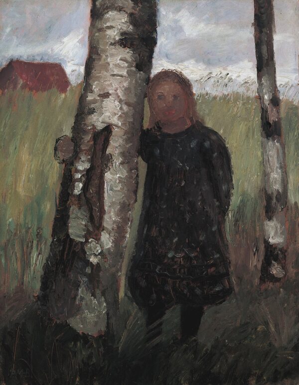 Girl on Birch Trunk in Front of Corn Field - by Paula Modersohn-Becker