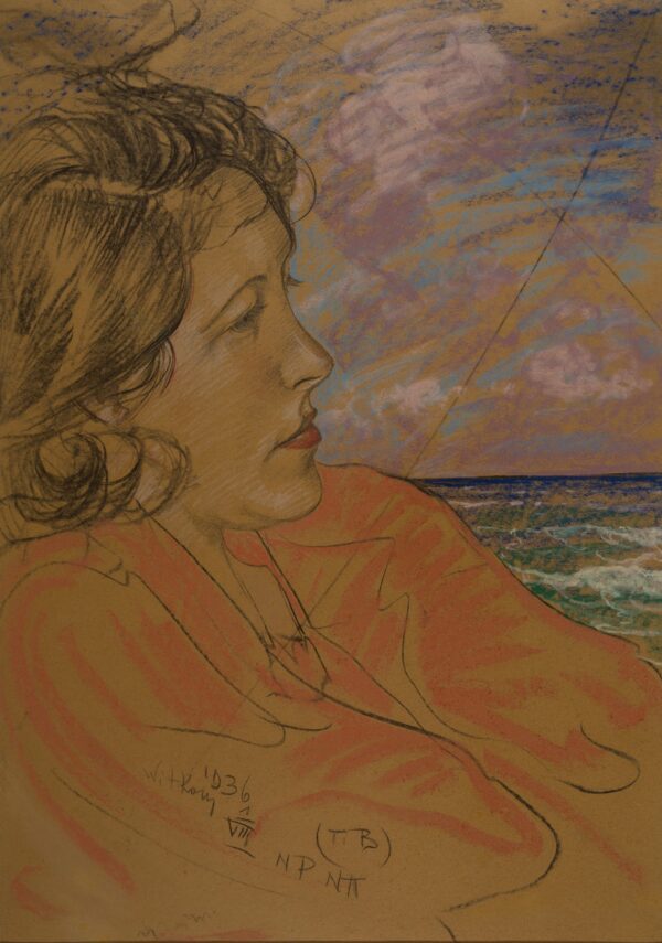 Asymmetrical Lady - Portrait of Eugenia Wyszomirska-Kuźnicka - With a Seascape - by Stanisław Ignacy Witkiewicz