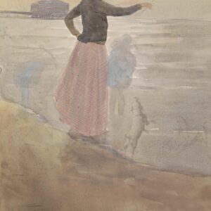 Vrouw met twee kinderen en een hondje aan het strand - by Johan Antoni de Jonge