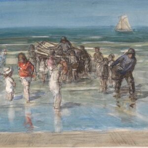 Vissersschuit, omgeven door kinderen, op het strand van Scheveningen - by Johan Antoni de Jonge