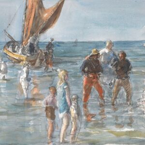 Dame wordt door twee vissers van een boot naar het land gedragen - by Johan Antoni de Jonge