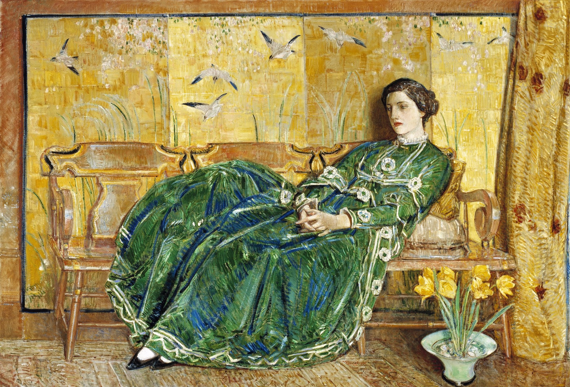 April: (The Green Gown) - by Childe Hassam