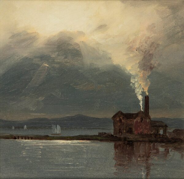Hudson River with Factory - by Moonlight - by Frederic Edwin Church