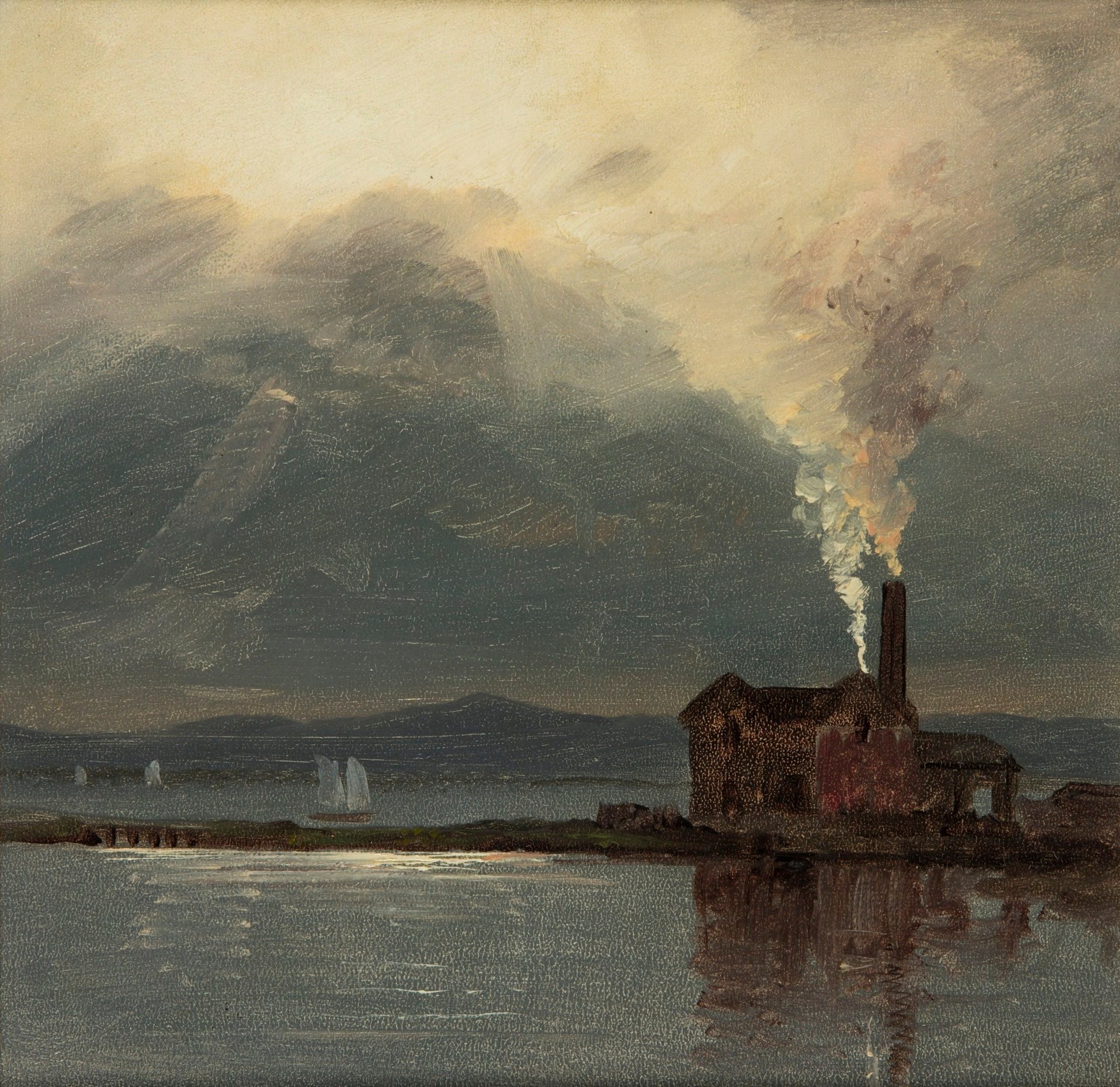 Hudson River with Factory - by Moonlight - by Frederic Edwin Church