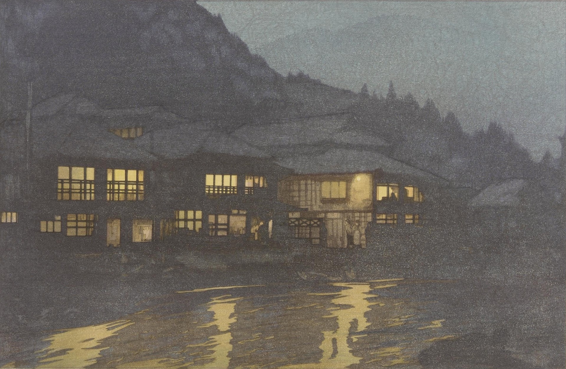 Cumulative Process Print Showing Key Block Plus 10 Color Blocks for Printing of Evening in a Hot Spring - by Hiroshi Yoshida