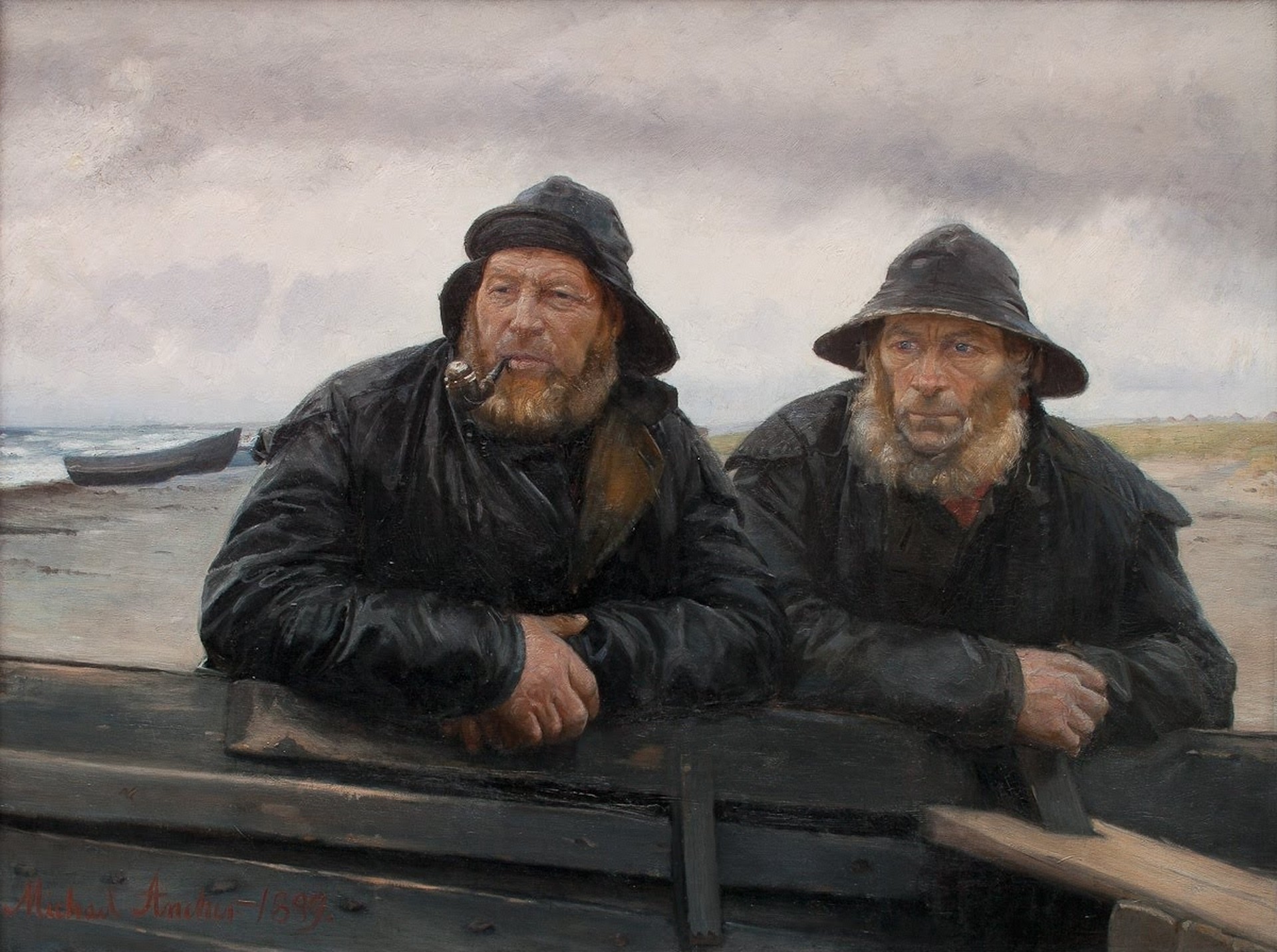Two Fishermen - by a boat - by Michael Ancher