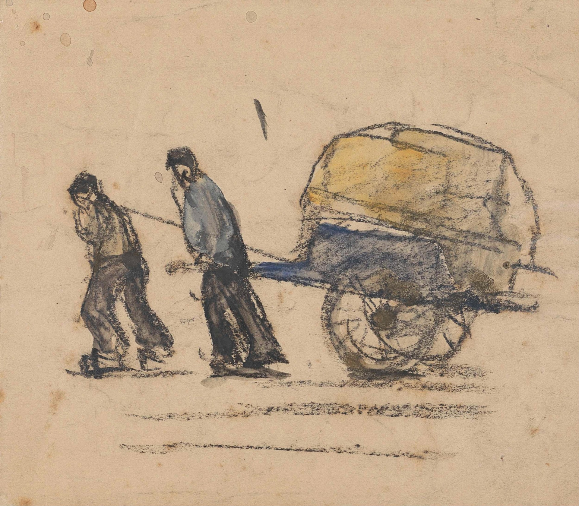 Twee mannen die een kar trekken - by Adolf le Comte