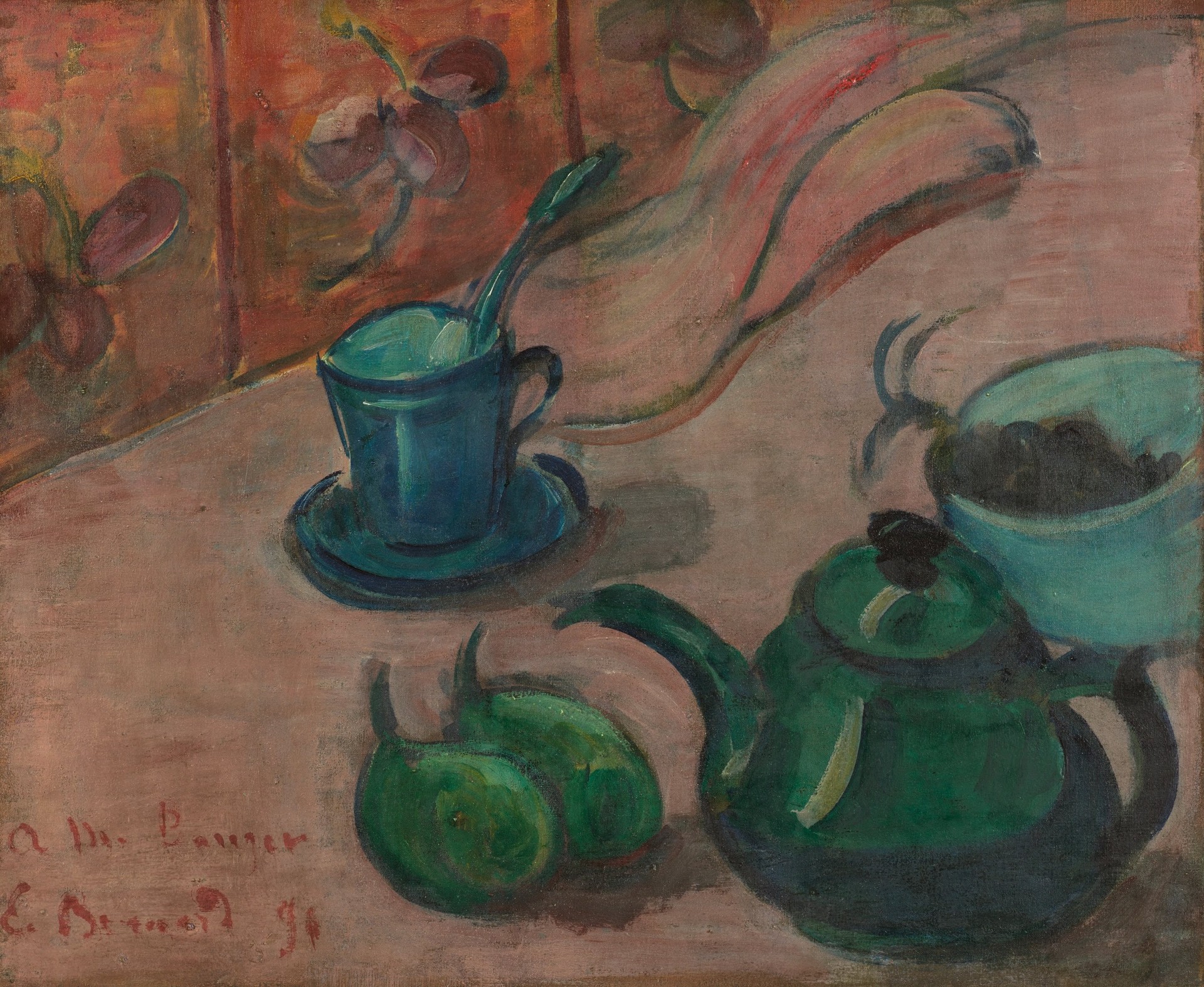 Still life with teapot, cup and fruit - by Émile Bernard