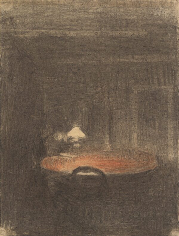 Figure reading at a Table in an Interior at Night - by Vilhelm Hammershøi
