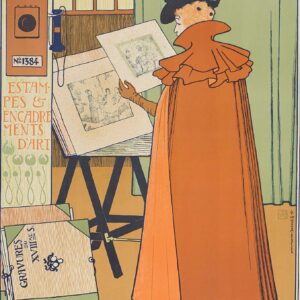 Vrouw met lange mantel bekijkt enkele prenten - by Théo van Rysselberghe