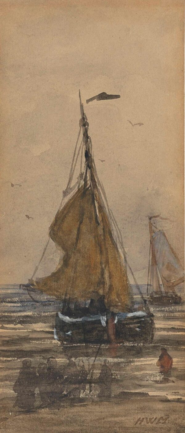 Bomschuit wordt het strand op getrokken - by Hendrik Willem Mesdag