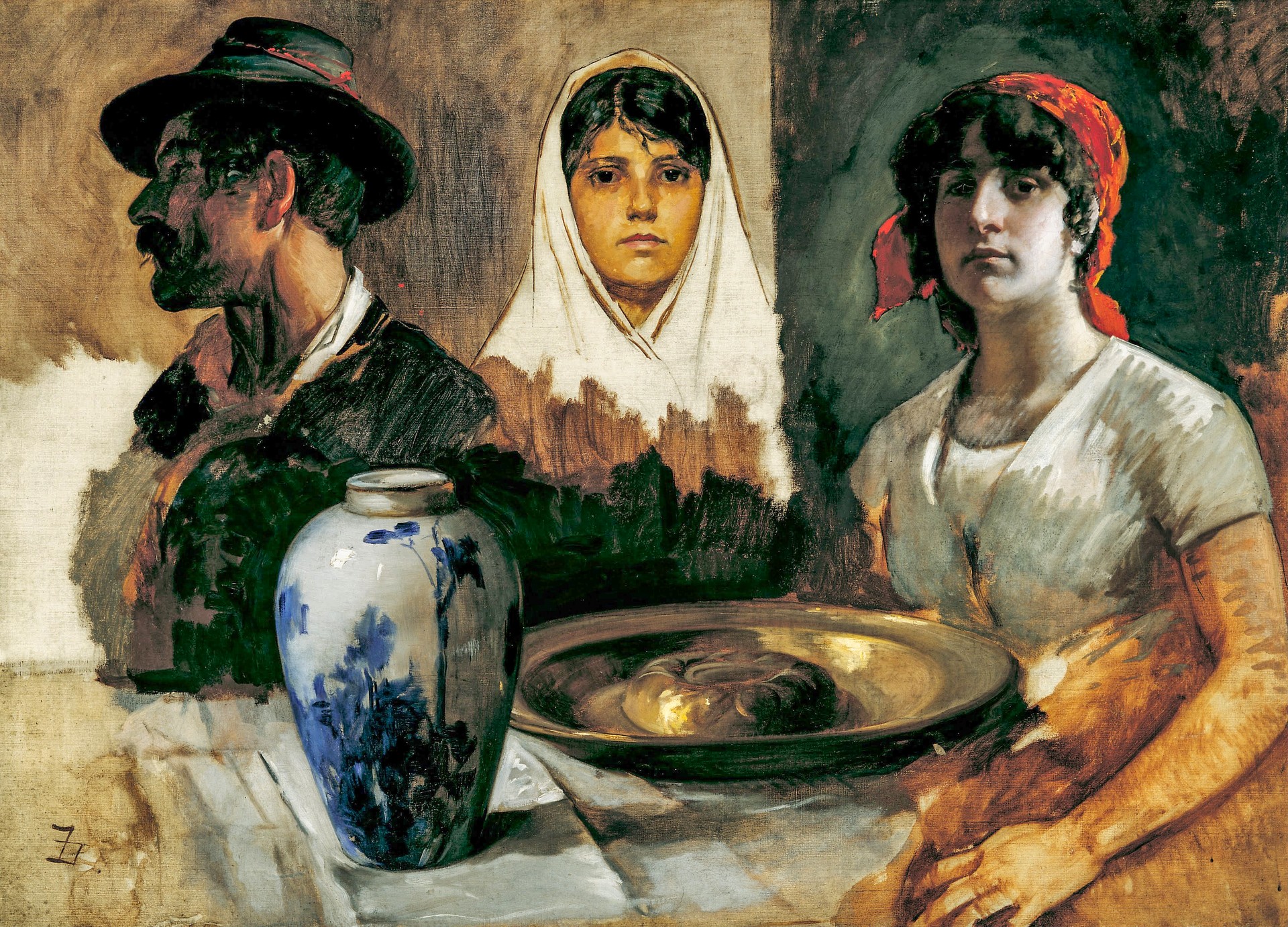 Study of Three Heads with Salver and Jar - by Frank Duveneck