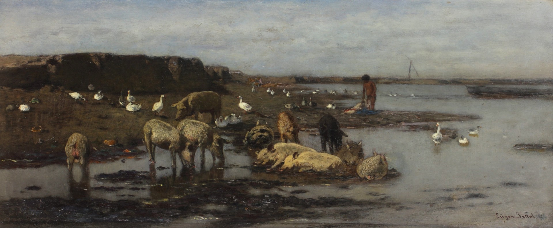 Landscape - by river Vah with a bathing boy, pigs and gooses - by Eugen Jettel