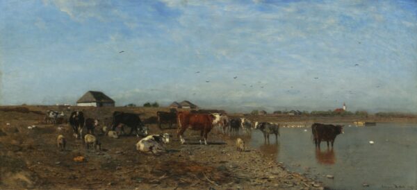 Landscape - by the river Vah with cows - by Eugen Jettel