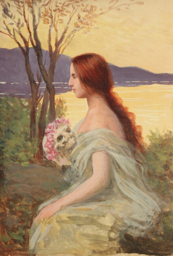 Figura feminina segurando um crânio com flores - Rodolfo Amoedo