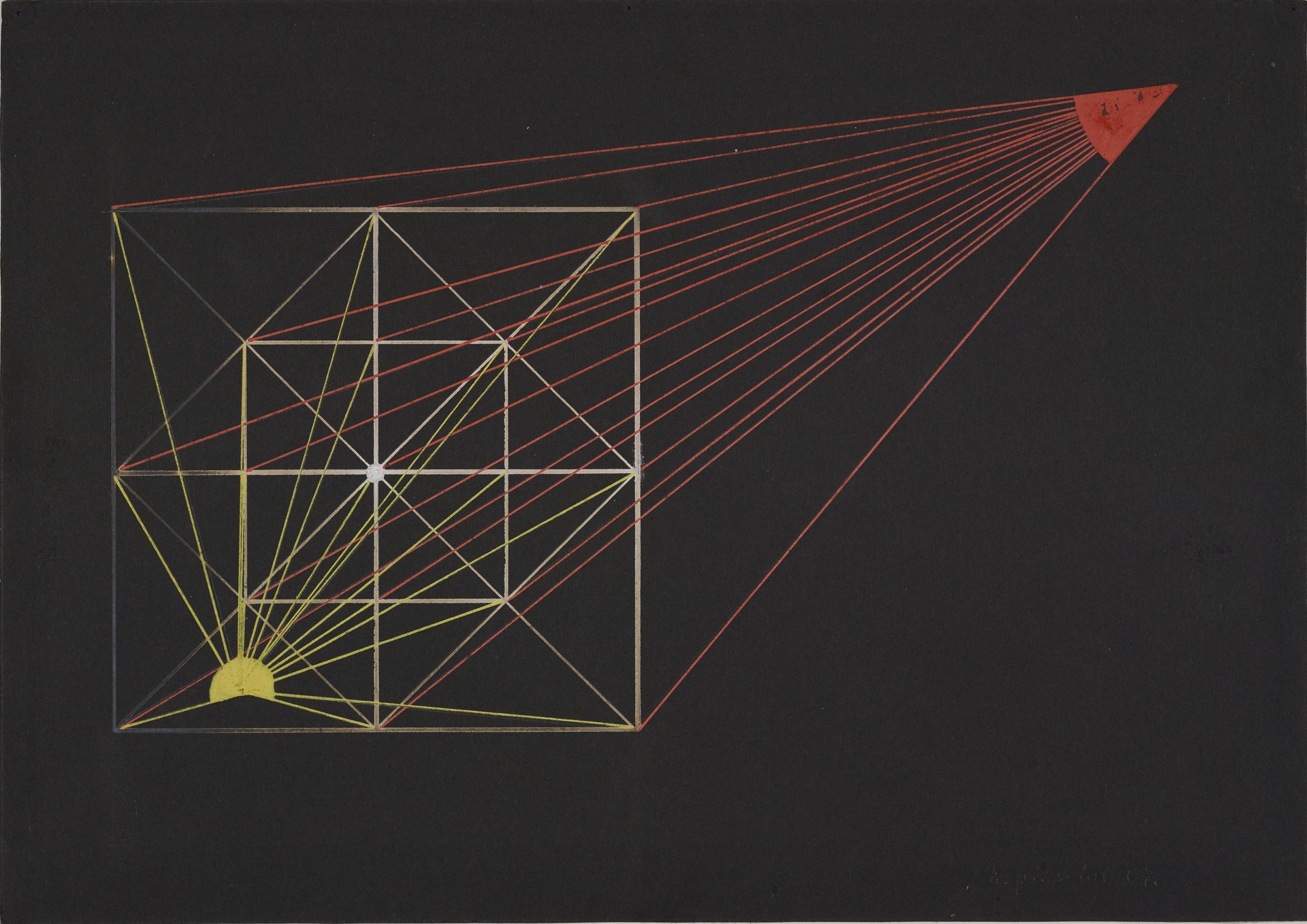 Untitled (Displacement of the centre in a square (yellow) and outside (red), exercise from Paul Klee's theory of form classes) - by Konrad Püschel