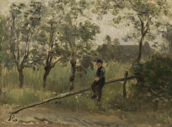 Boerenjongen op een slagboom - by Jozef Israëls