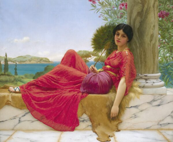 Leaning against a column - by John William Godward