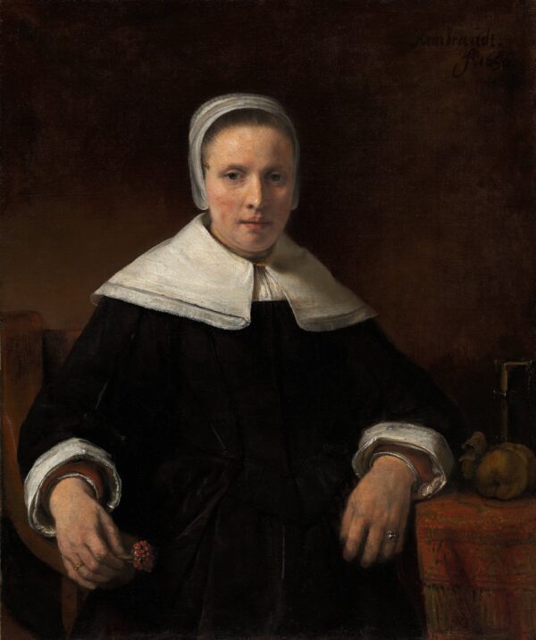 A Woman Holding a Pink - by Rembrandt
