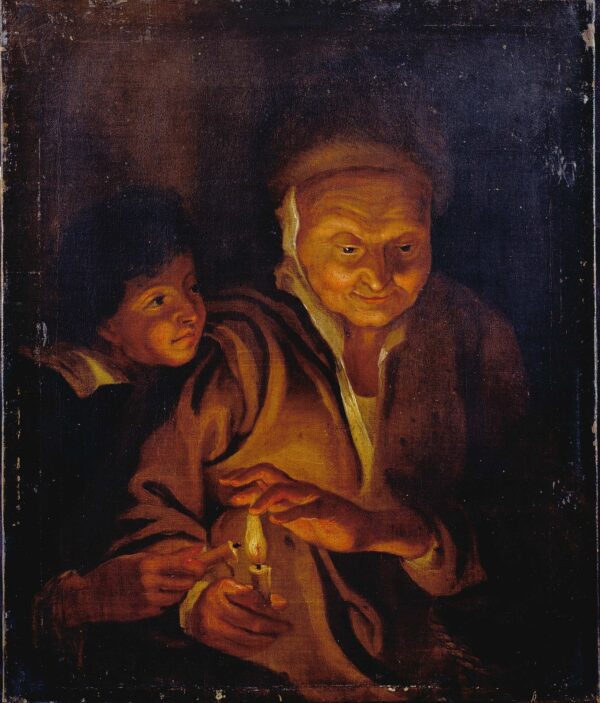 A Boy lighting a Candle from one held - by an Old Woman - by Peter Paul Rubens