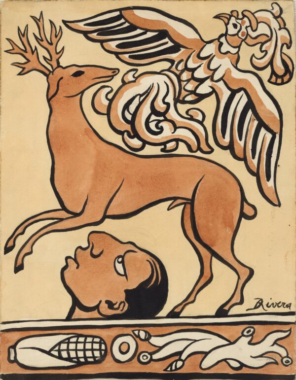 Indigenous Head, Deer, and Pheasant with Subsoil of Corn and Plants - by Diego Rivera