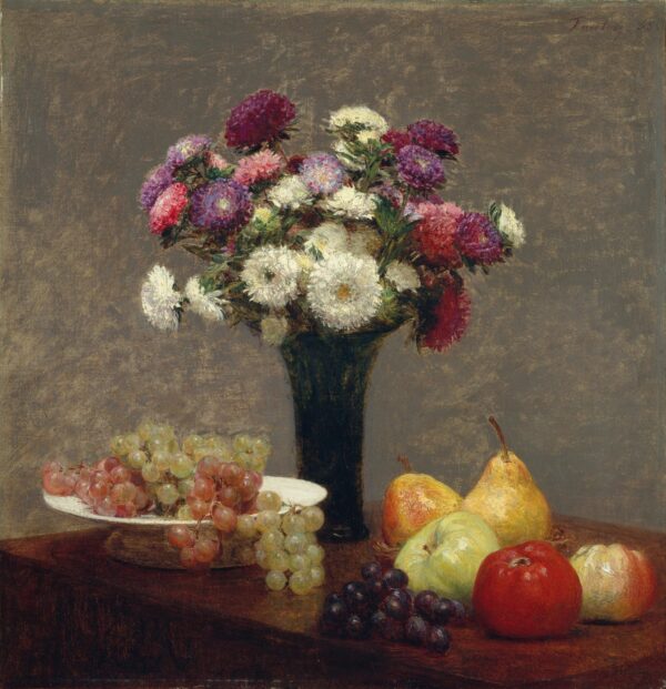 Asters and Fruit on a Table - by Henri Fantin-Latour