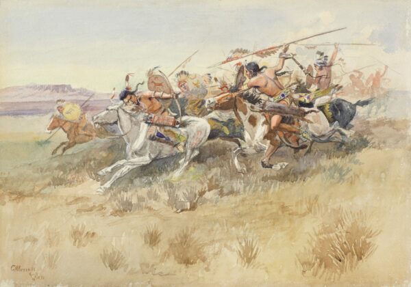 Running Fight Between Crees and Blackfeet, Old Style Warfare - by Charles Marion Russell